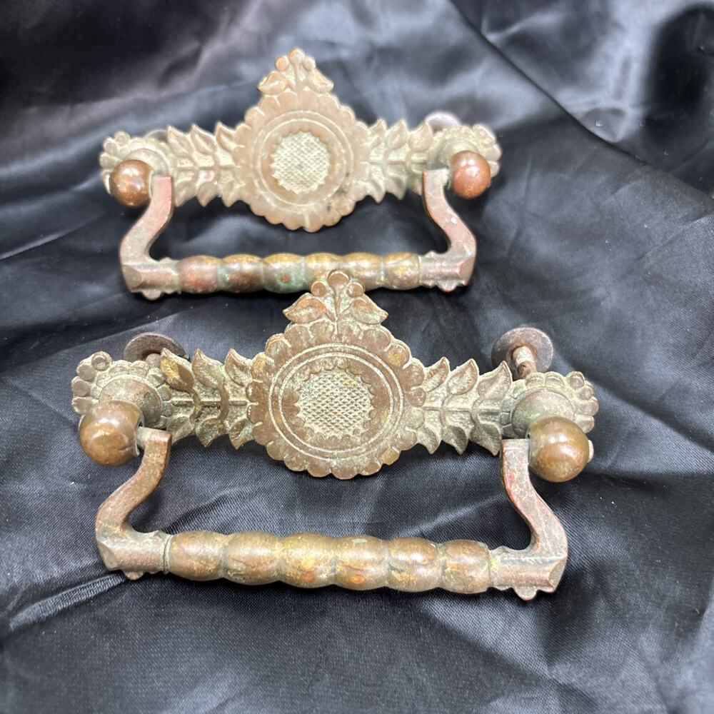 2 Antique Victorian Ornate Brass Nail Drawer Pull 3.5” Screw Center Spacing